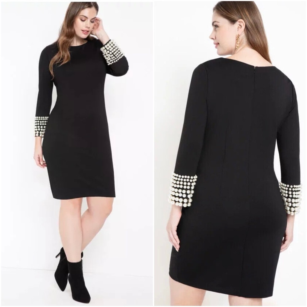 Eloquii Black Sheath Dress with Pearl-Cuff Sleeves